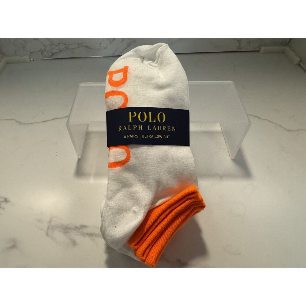 Polo Ralph Lauren Classic Sport Men's Low Cut Socks Orange & White 6, Sz 6-12